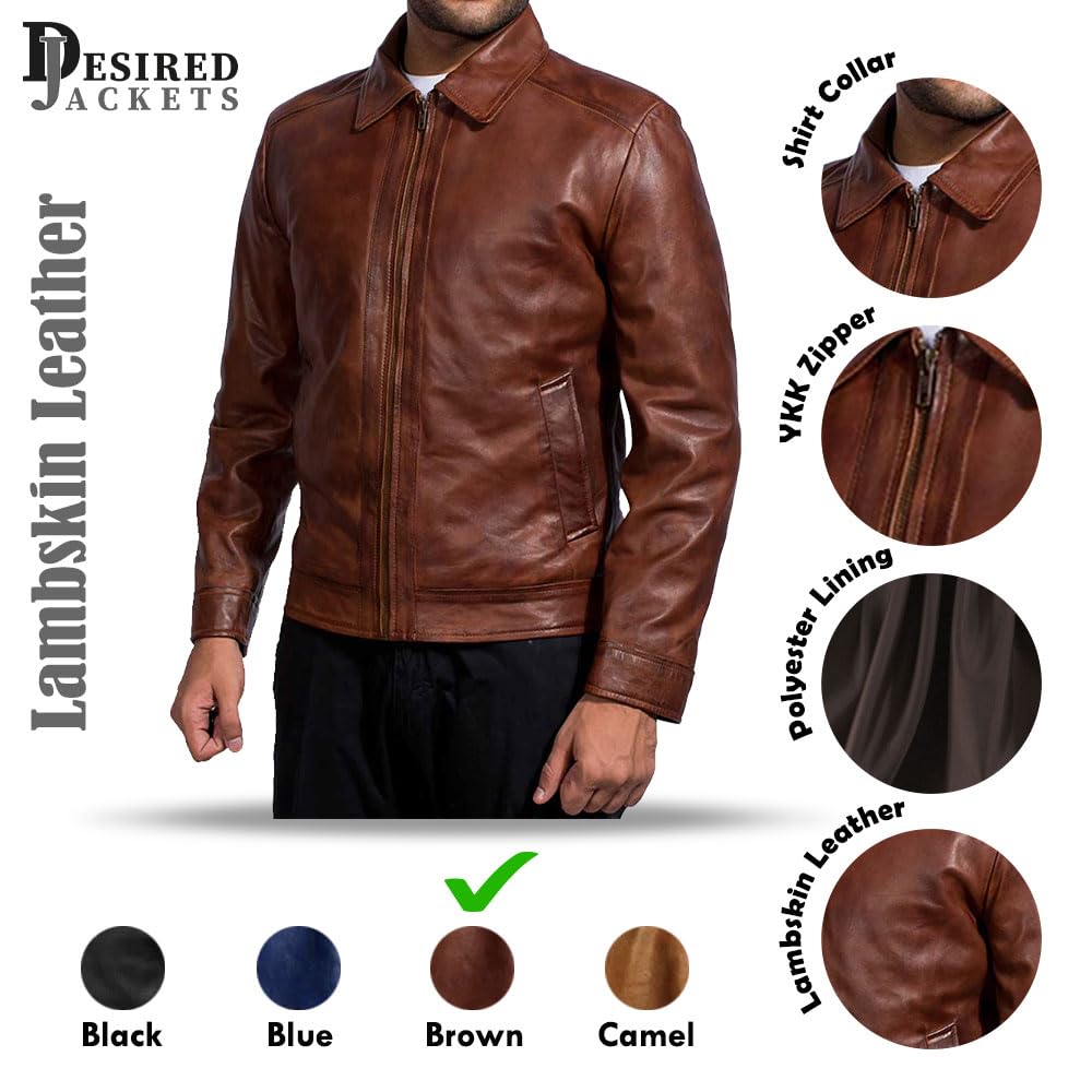 Mens Leather Jacket - Real Lambskin Classic Vintage Style Leather Jackets For Men Brown Leather Jacket for Mens (US, Alpha, X-Large, Regular, Regular, Brown)