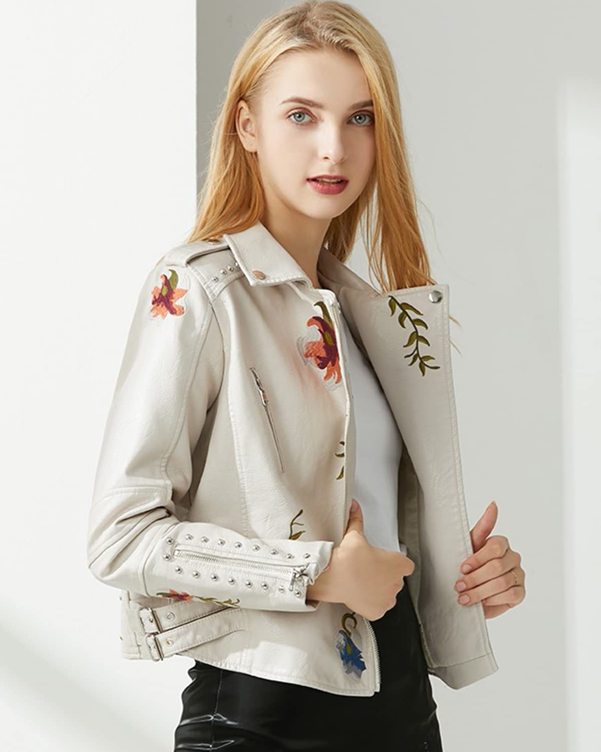 YILANUOYI Women's Embroidered Studded Faux Leather Jacket Moto Punk Jacket Floral Coat (XXL, XHPY Beige)
