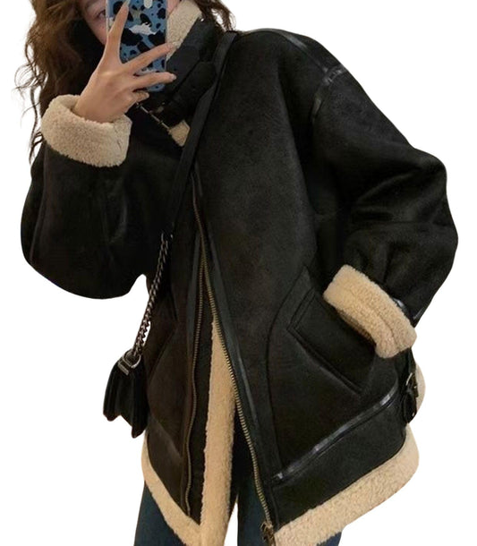 loveimgs Women Oversized Faux Suede Moto Jacket Sherpa Fleece Lined Leather Jacket Aviator Shearling Fur Coat Overcoat (Large, Tan black)