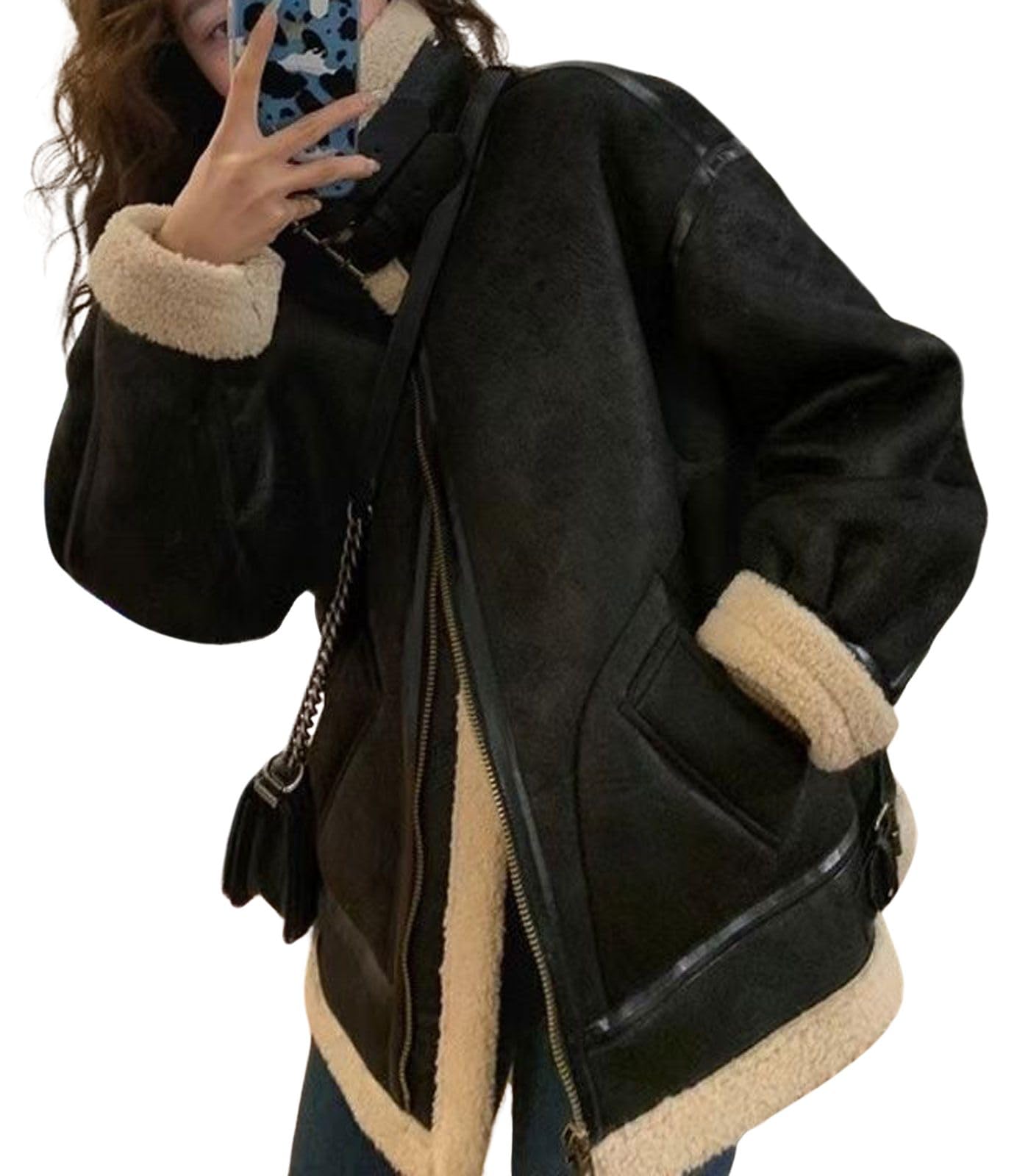 loveimgs Women Oversized Faux Suede Moto Jacket Sherpa Fleece Lined Leather Jacket Aviator Shearling Fur Coat Overcoat (X-Large, Tan black)