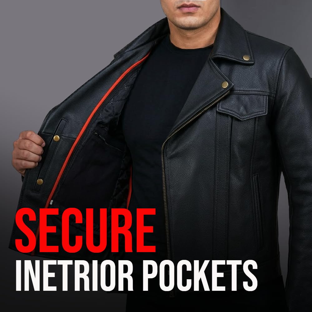 OUTRIDER Men's Motorcycle Jacket, Premium Natural Buffalo Leather, CE Armor, Utility Pockets, Biker Touring Black XL