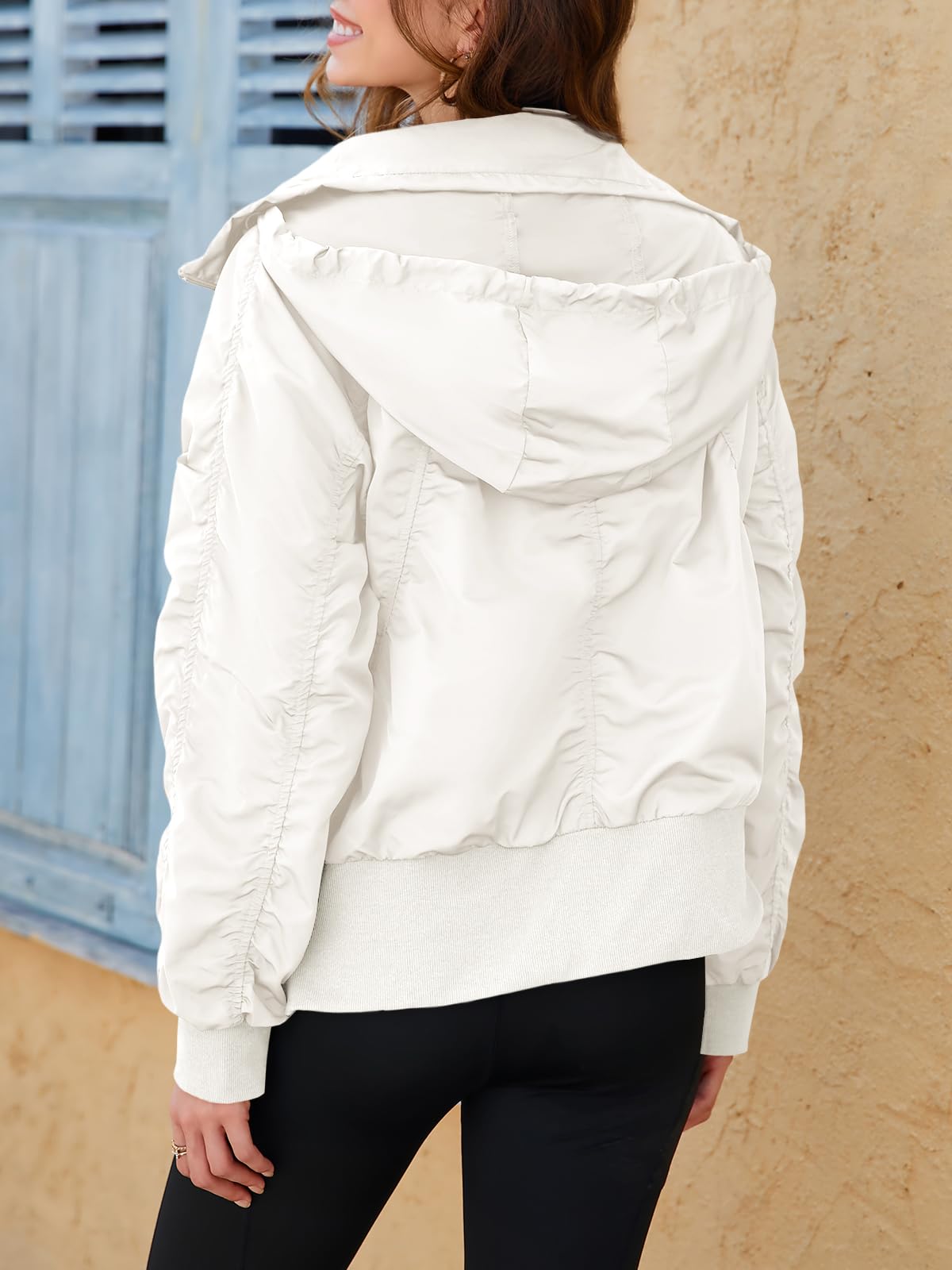 Fisoew Womens Windbreaker Crop Jackets Long Sleeve Zip Up Hidden Hooded Winter Bomber Jacket with Pockets