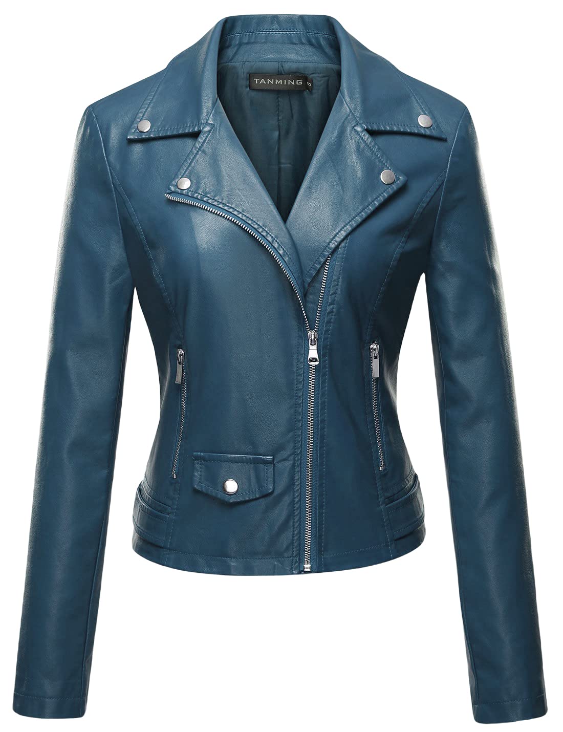 Tanming Women's Faux Leather Moto Biker Short Coat Jacket (Blue-M)