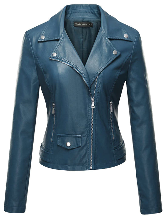 Tanming Women's Faux Leather Moto Biker Short Coat Jacket (Blue-M)