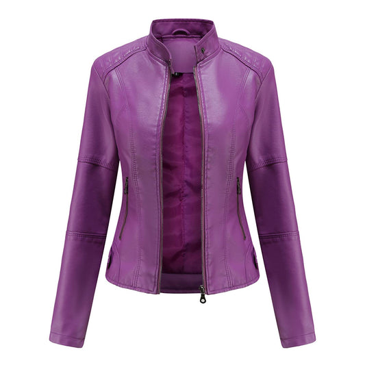 DEAR MODEL Faux Leather Jacket Women Bomber Jacket Women's Belted Motorcycle Jacket,Purple,S