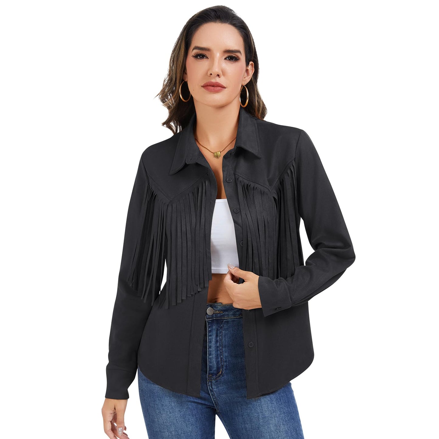 Women's Fringe Shirt, Long-Sleeve Button-up top, Women's Western Cowboy Faux Suede Leather Shirt Jacket (US, Alpha, Small, Regular, Regular, Black)