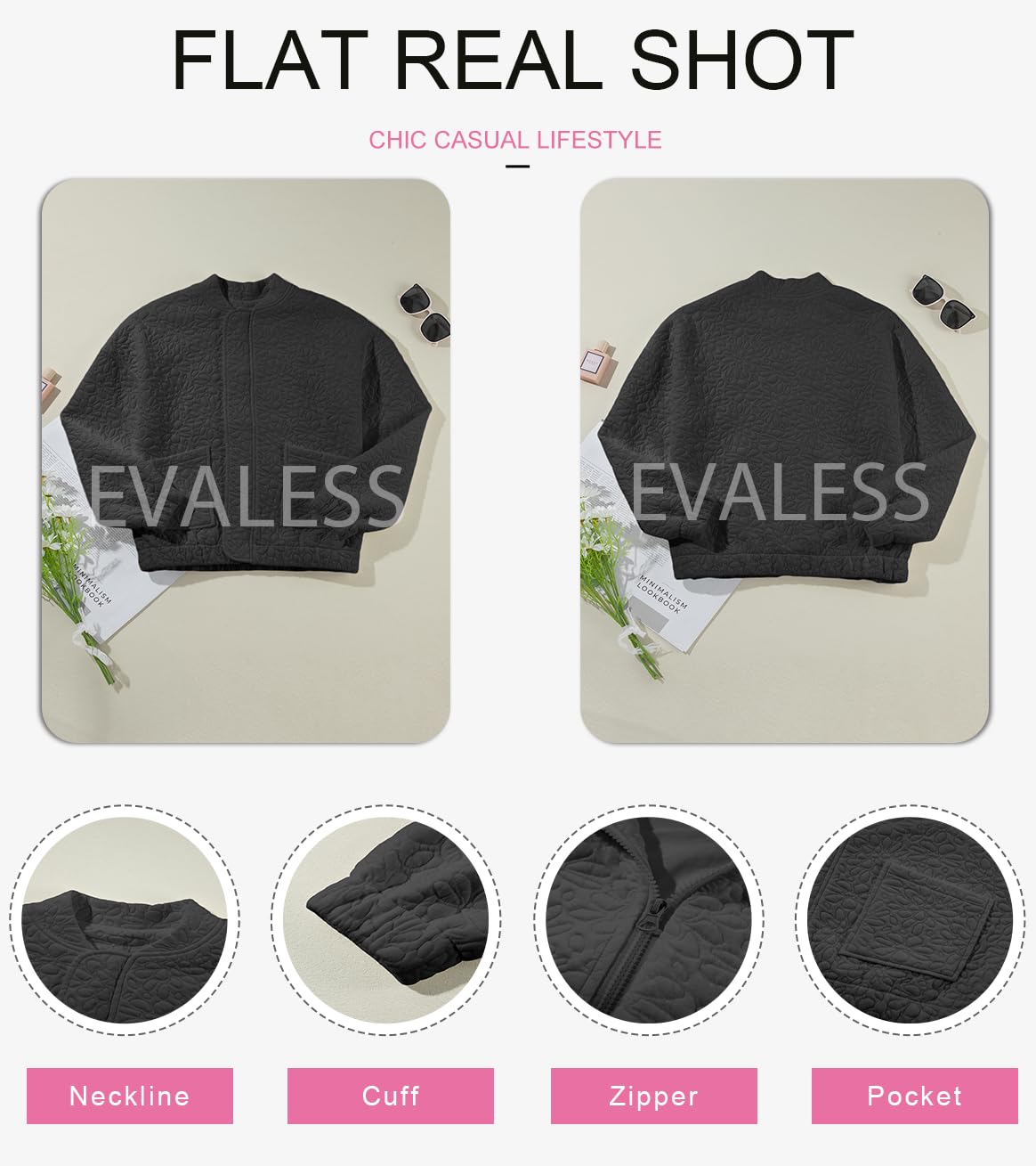 EVALESS Spring Bomber Jacket for Women Dressy Casual Summer Clothes Trendy 2025 Teacher Outfits Cute Jacquard Jackets Long Sleeve Zip Up Cropped Black Jeacket Lightweight Coat with Pockets, Medium