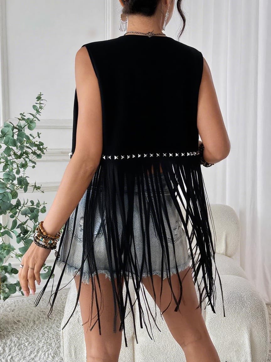 Women's Western Tassel Fringe Vest Sleeveless Open Front 60s 70s Cowgirl Hippie Vest Faux Suede Leather Jacket (Black, L)
