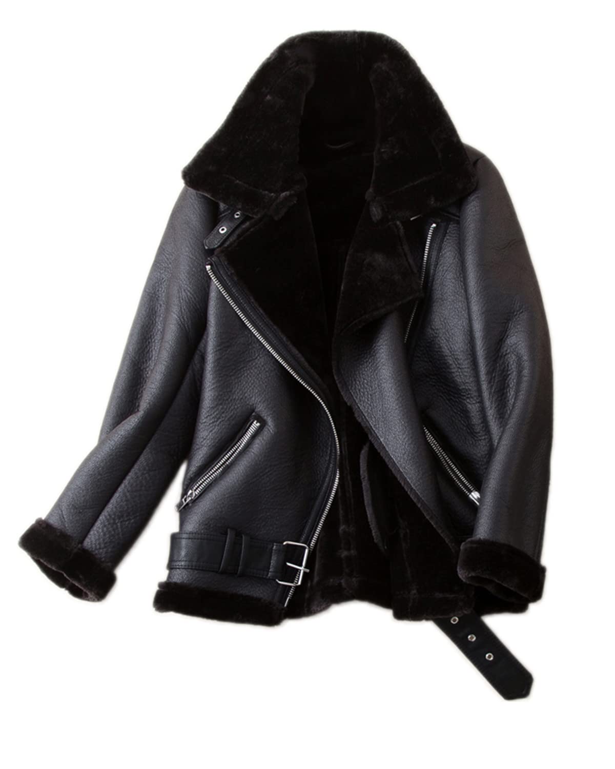 LY VAREY LIN Women's Faux Shearing Leather Jacket Warm Thickness Moto Coat Winter Shearling Coat Lined Parka (XL Black)