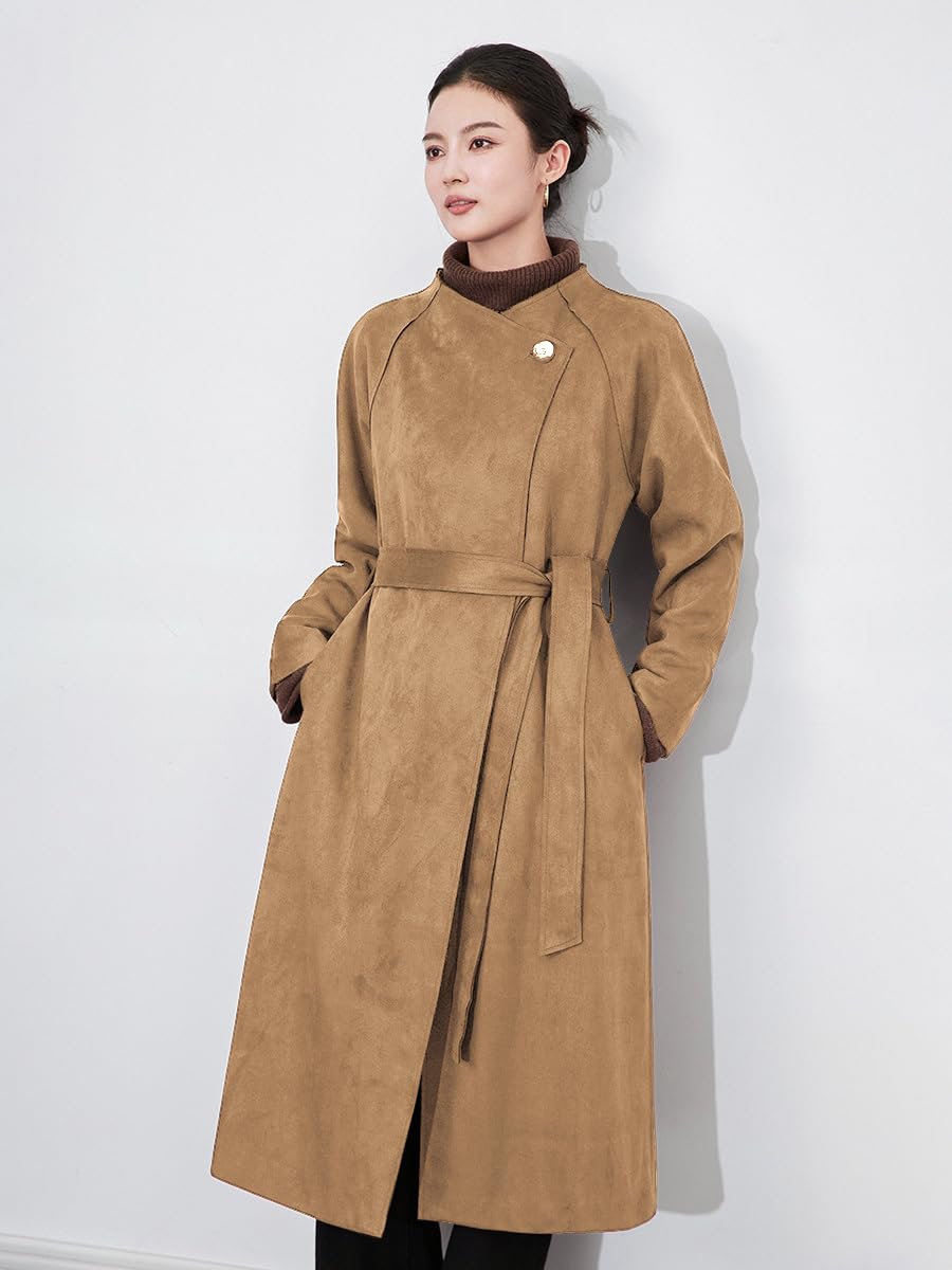 utcoco Womens Faux Suede Long Trench Coat Open Front Leather Trench Overcoat with Belt (Medium, Khaki)