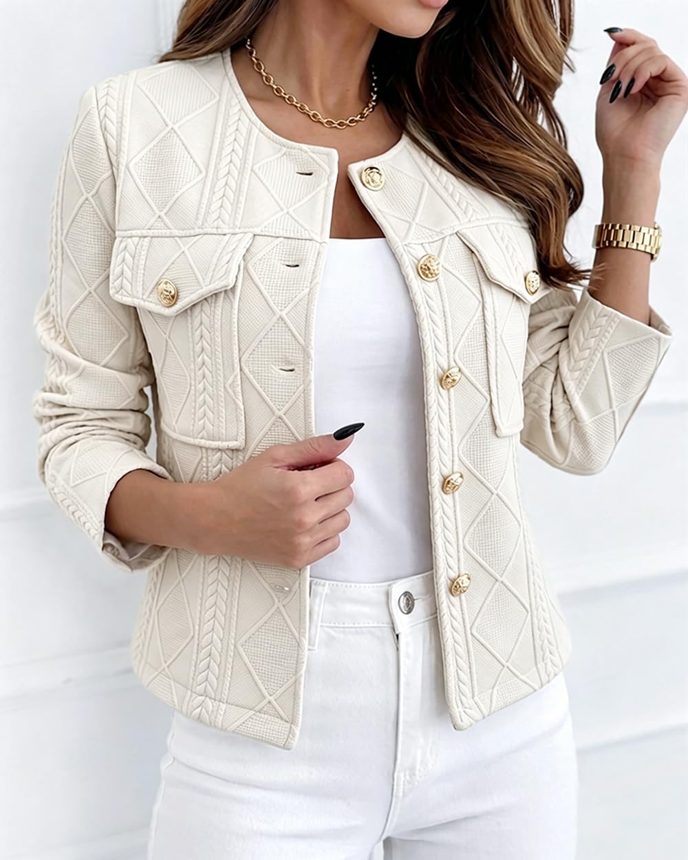 CHICME Womens Bomber Jacket Lightweight Argyle Cable Knit Coat-Beige-Medium
