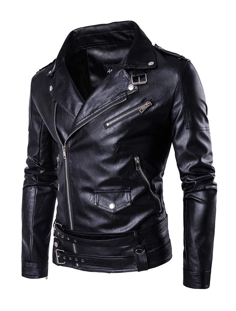 Lavnis Men's PU Leather Jacket Causal Belted Faux Leather Motorcycle Jacket Zipper Biker Coat Black M