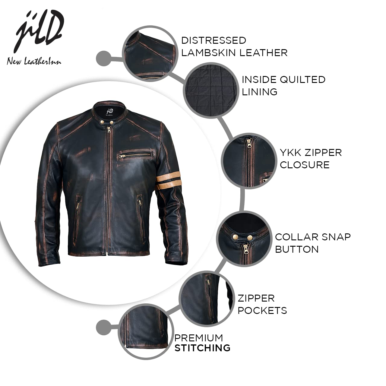 Jild Distressed Café Racer Black Leather Jacket Men - Genuine Lambskin Leather Biker Style Mens Vintage Motorcycle Jacket (YP-Blk-M)