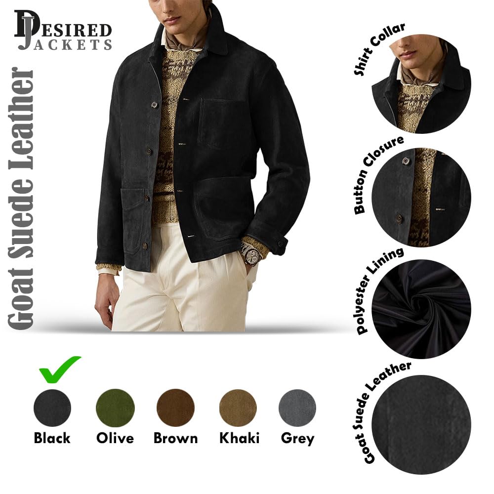 Suede Leather Jacket Men – Real Lambskin Suede Casual Leather Jackets For Men - Mens Suede Jacket (US, Alpha, Large, Regular, Regular, Black)
