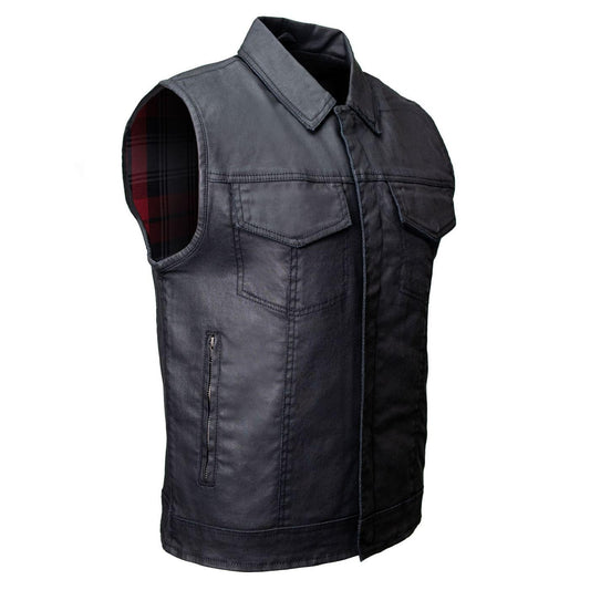 Milwaukee Leather MDM3030 Men’s Black Waxy Coated Denim Club Style Motorcycle Rider Vest w/Shirt Collar - 7X-Large