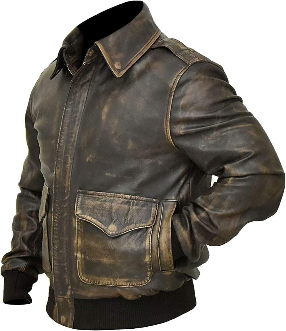 Desired Jackets Mens G-1 Fur Collar US Navy Flight Distressed Brown Aviator Genuine Leather Jacket Flight Pilot Aviator USAAF A2 Jacket (x_l, G1 Distressed Black Without Fur)