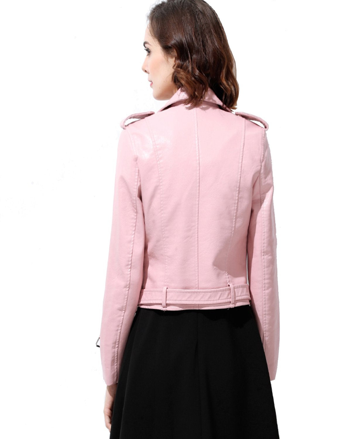 LY VAREY LIN Women's Faux Leather Motorcycle Jacket PU Slim Short Biker Coat (L, Pink)