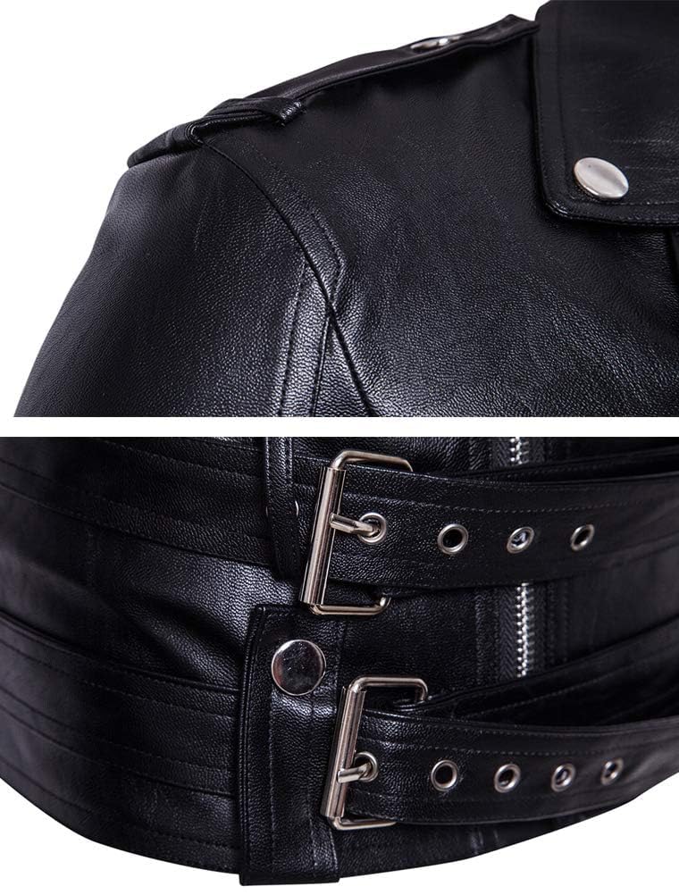 PASOK Men's PU Leather Jacket Causal Belted Faux Leather Motorcycle Jacket Zipper Biker Coat Black L