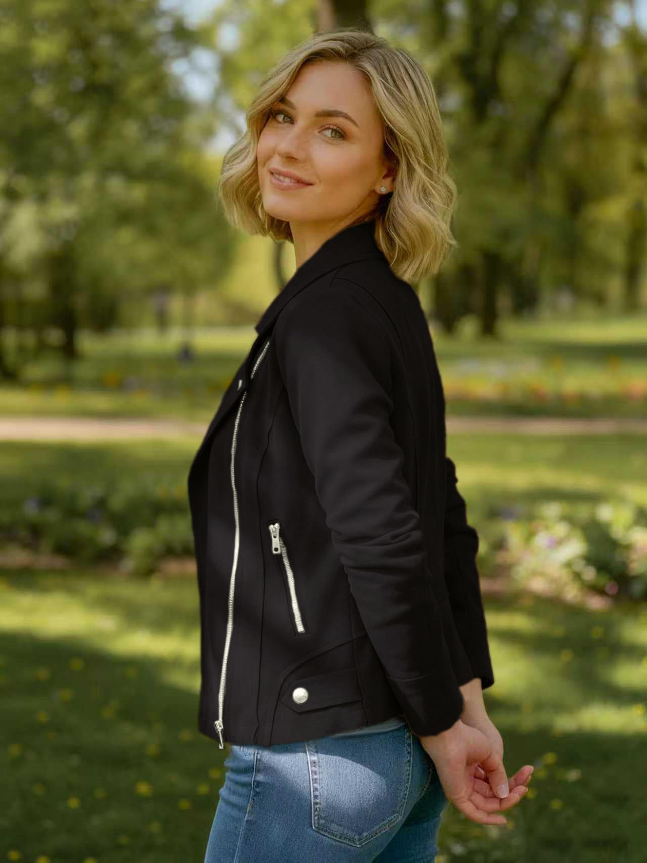 SS-Sunrise Fashion Women's Faux Suede Jacket Long Sleeve Asymmetric Zip Casual Cropped Coat Biker Moto Jacket Outwear with Fake Pockets (X-Large, Black)