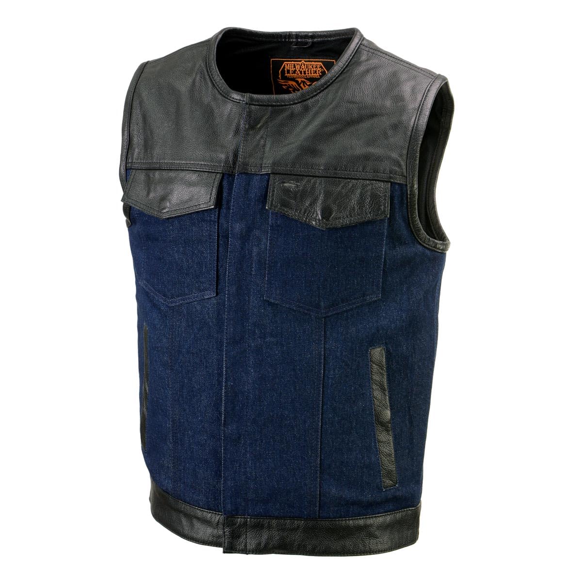 Milwaukee Leather MDM3004 Men's Brute Dual Closure Blue Denim and Black Leather Club Style Vest - XXX-Large
