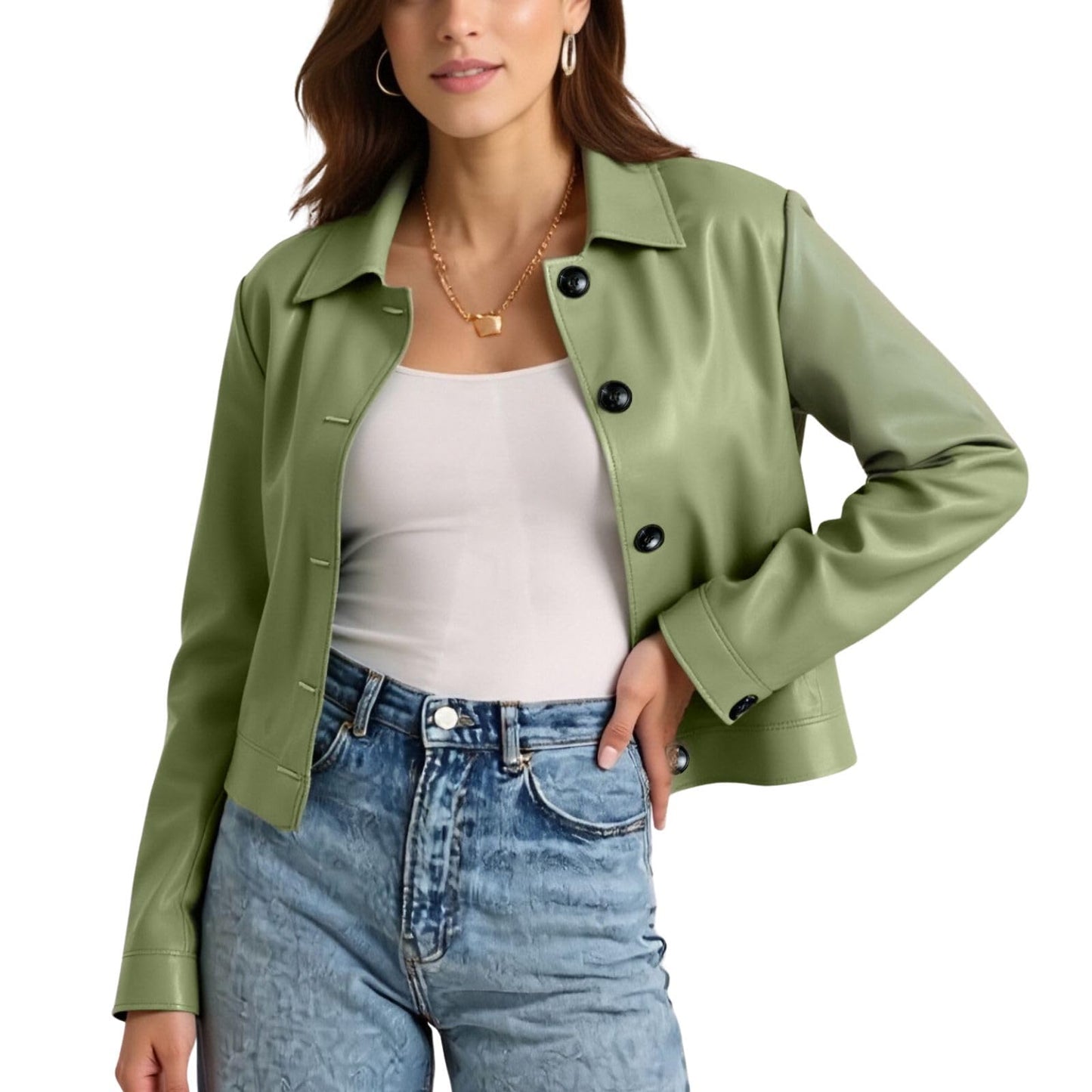 Muzly Women's Faux Leather Cropped Jackets Casual Lightweight Fall Fashion 2025 Winter Coats Outerwear Trendy Clothes(Green,XL)