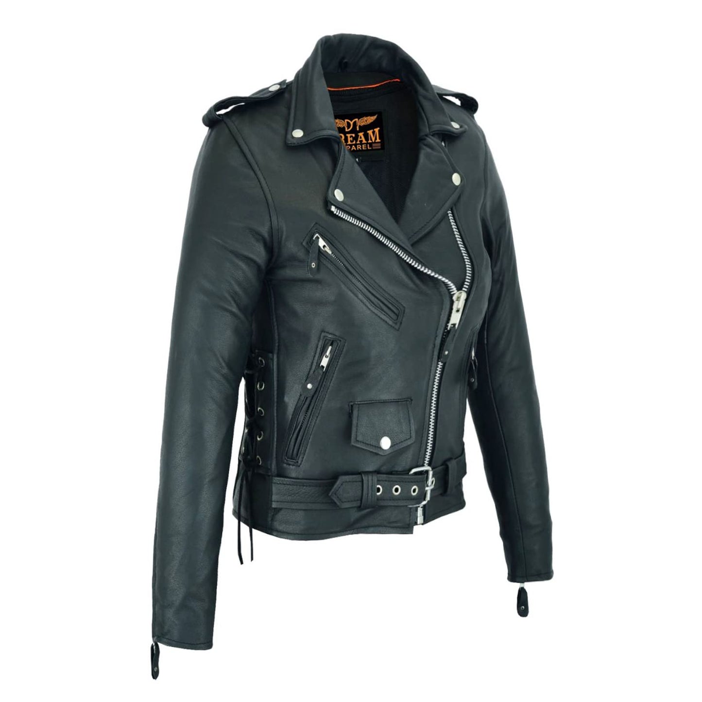 Dream Apparel Women’s Classic Leather Motorcycle Jacket with Zip Out Lining, Biker Jacket for Ladies with Side Laces (Black, Size M)