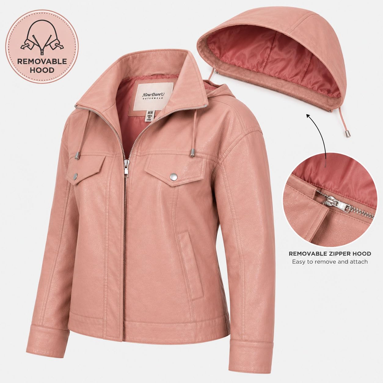 HOW DARE U Women's Faux Leather Jacket, Vegan PU with Removable Hood