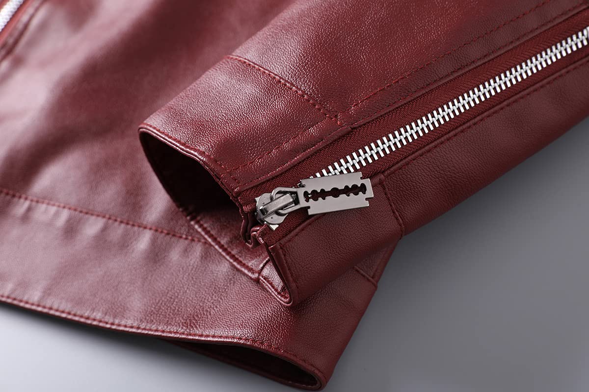 Womleys Mens Casual Stand Collar Slim Fit Faux Leather Jacket Biker Motorcycle Jacket (X-Red, X-Large)