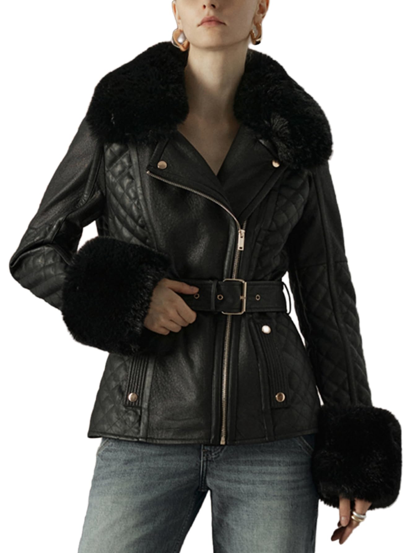 Xukiki Women's Faux Leather Jacket Moto Sherpa Lined Lapel Fall Coat Thick Parka Winter Overcoat with Belt PS-033 Black S