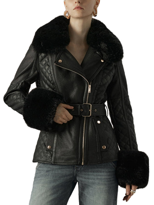 Xukiki Women's Faux Leather Jacket Moto Sherpa Lined Lapel Fall Coat Thick Parka Winter Overcoat with Belt PS-033 Black S