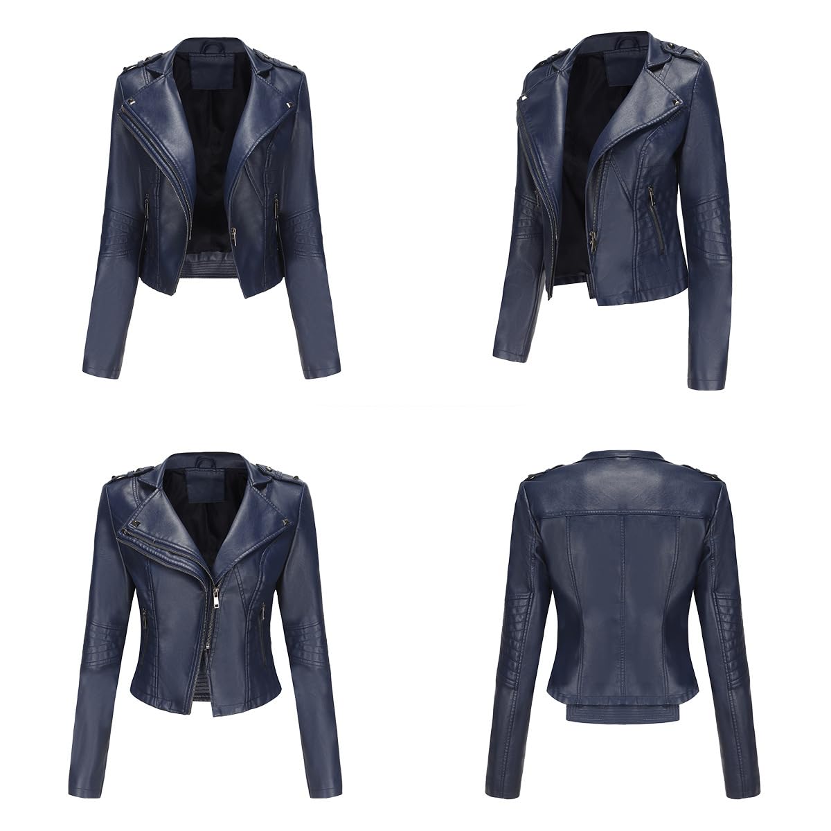 Sister Amy Women PU Leather Jacket Women Bomber Jacket Cropped Zipper Jacket Moto Coat Dark Blue X-Small