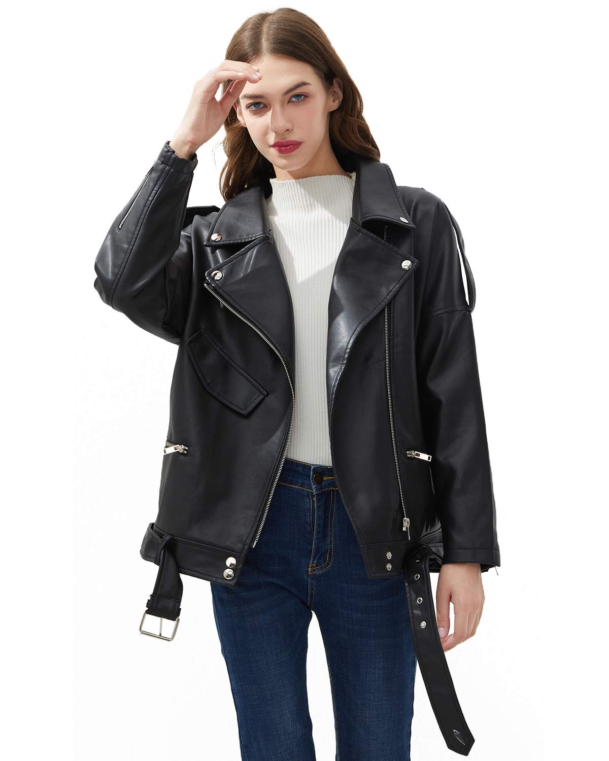 LY VAREY LIN Women Black Faux Leather Jackets Zipper Casual Short Coat Turn-down Collar Motor Biker Jacket with Belt (M, Black)