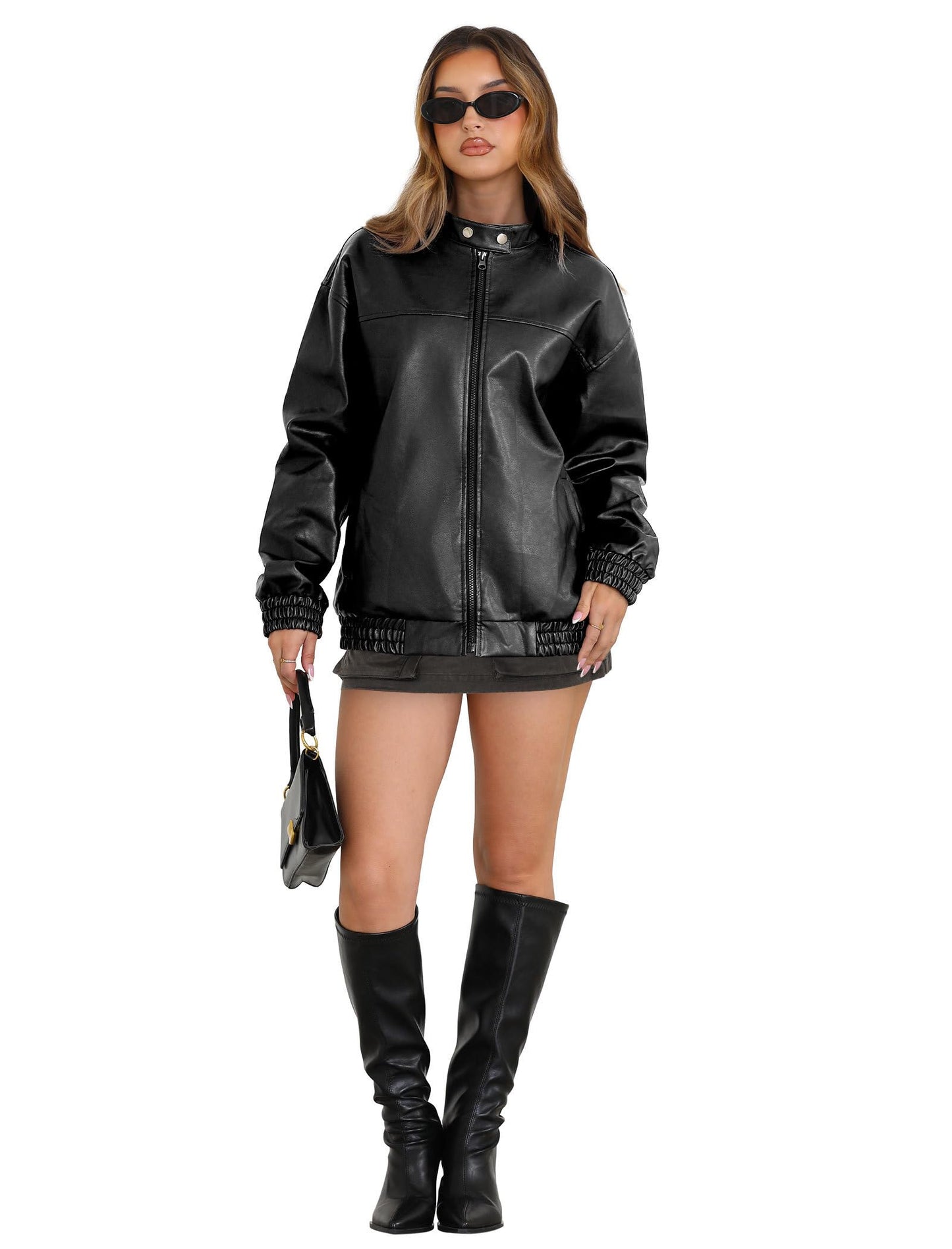 Sampeel Leather Jacket Women Faux Oversized Motorcycle Bomber Coats 2025 Fall Fashion Outfits Winter Clothes Trendy Cute Black M