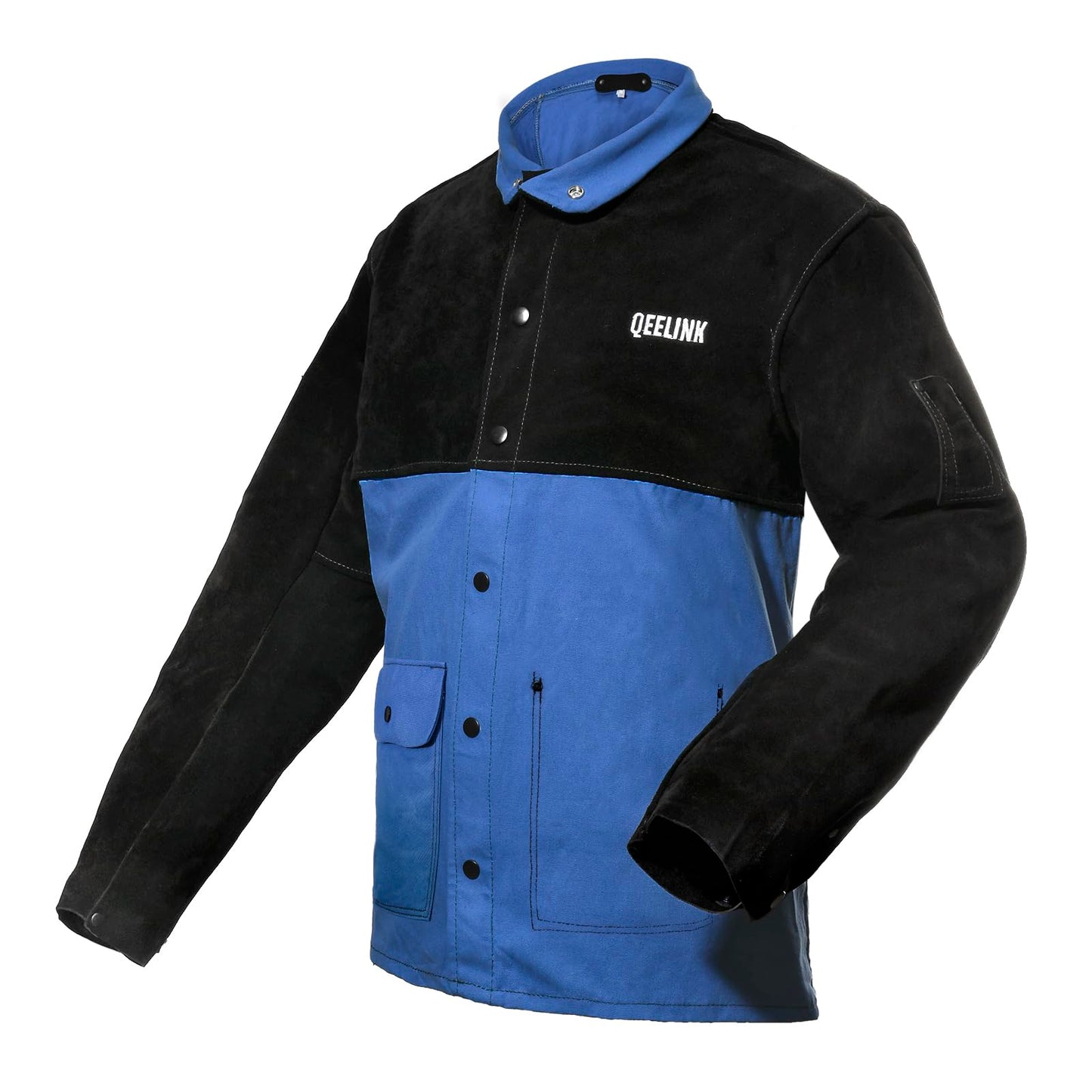 QeeLink Welding Jacket Split Leather Sleeves | Premium Flame Resistant Cotton Body Hybrid Welder Jackets Clothes, X-Large