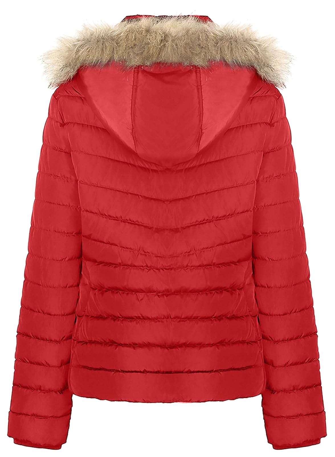 BodiLove Women's Everyday Warm Winter Quilted Puffer Short Coat High Collar Jacket with Removable Faux Fur Hood Zipper Vegan Leather Piping Water Resistant Wind Blocker Red M