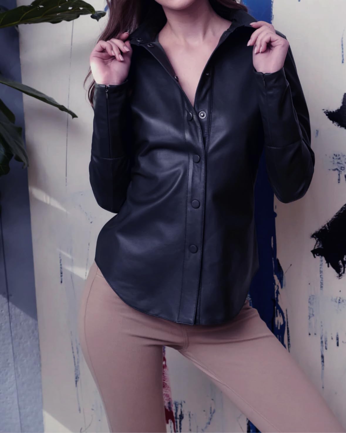Jild Casual Shirt Real Leather Jacket Women - Long Sleeve Snap Button Down Soft Lambskin Leather Shacket Regular and Plus Size (LS-Blk-M)