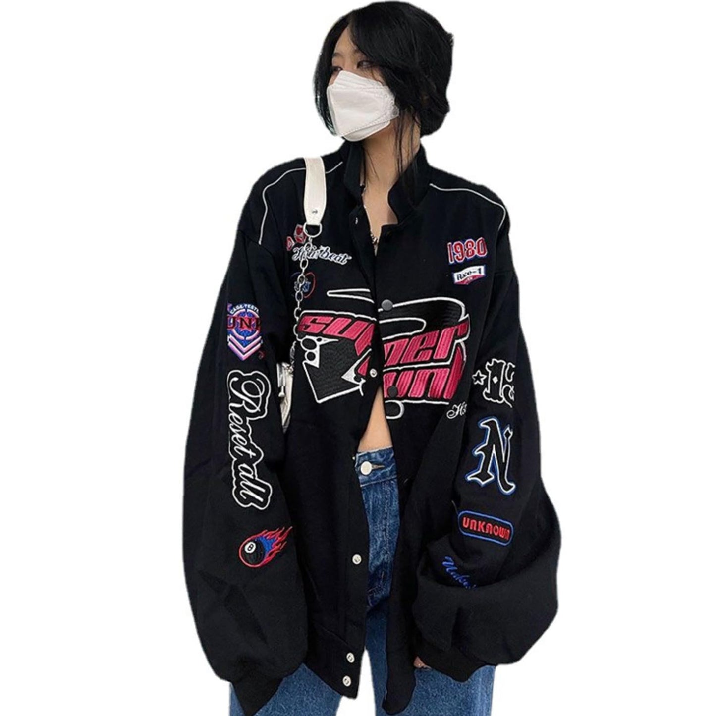 Women Y2K Vintage Varsity Jacket Hip Hop Racer Graphic Bomber Jacket Japanese Harajuku Button Up Sweatshirt Outerwear (Black,L)