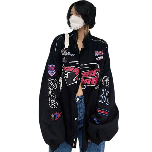 Women Y2K Vintage Varsity Jacket Hip Hop Racer Graphic Bomber Jacket Japanese Harajuku Button Up Sweatshirt Outerwear (Black,L)