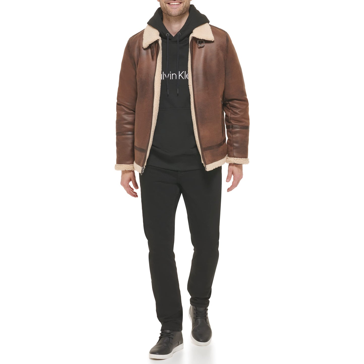 Calvin Klein Men's Faux Leather Jacket Men - Bomber Jacket With Shearling Lining, Brown, Medium