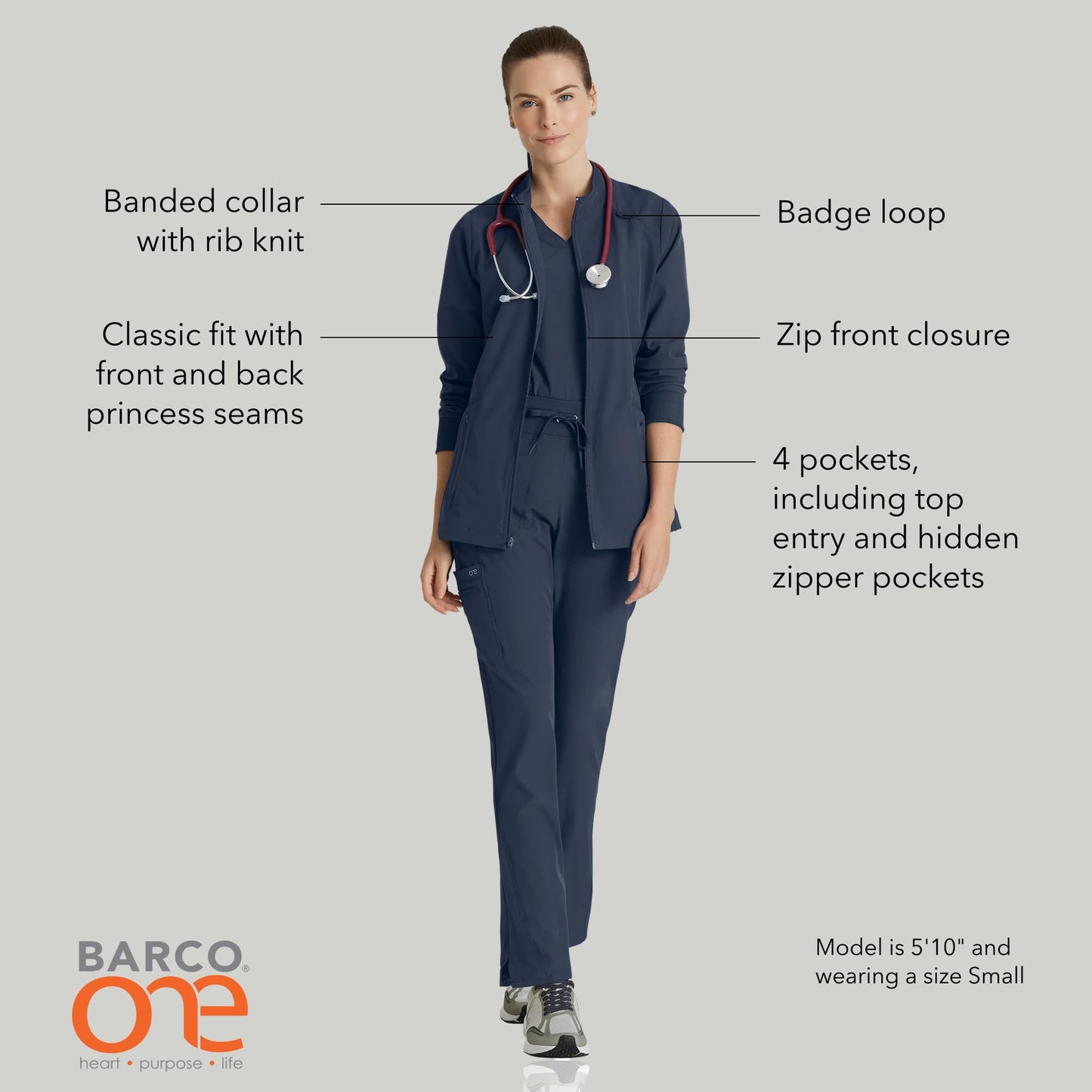 BARCO One Venture Classic Fit Scrub Warm-Up Jacket for Women – Steel, 4-Pocket Scrub Jacket w/ 360 Spandex Stretch – Moisture Wicking, Anti-Static & Quick Shed – XL, Regular Fit