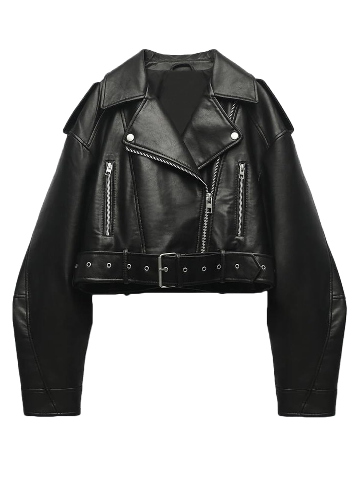 LY VAREY LIN Women Faux Leather Cropped Jacket Lapel Zipper Biker Short Coat with Belt