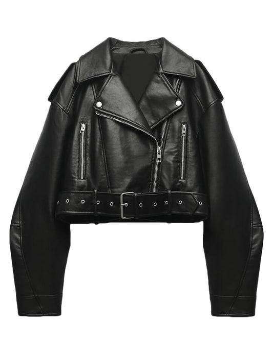 LY VAREY LIN Women Faux Leather Cropped Jacket Lapel Zipper Biker Short Coat with Belt
