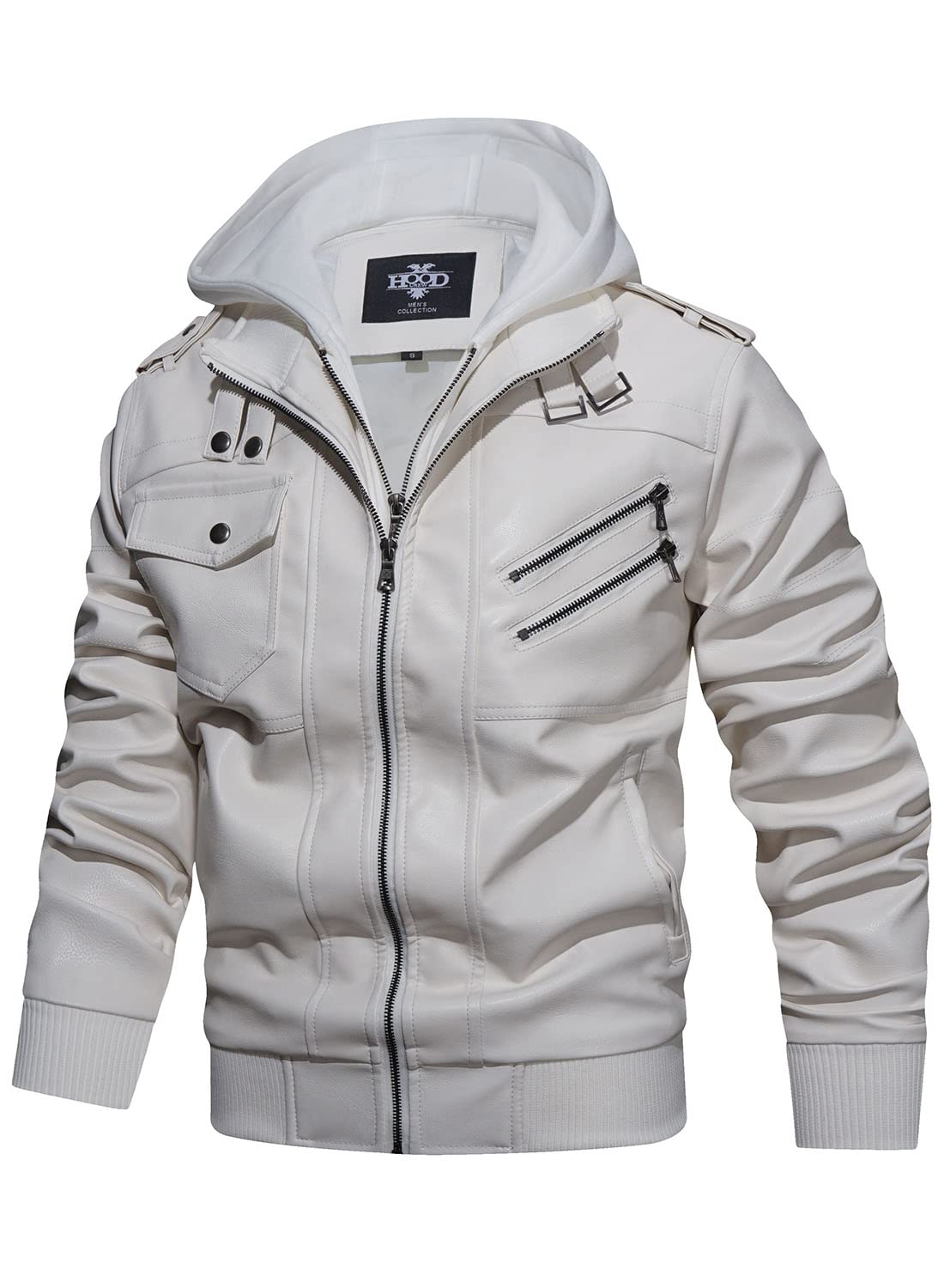 HOOD CREW Men’s Casual Stand Collar PU Faux Leather Zip-Up Motorcycle Bomber Jacket With a Removable Hood White L