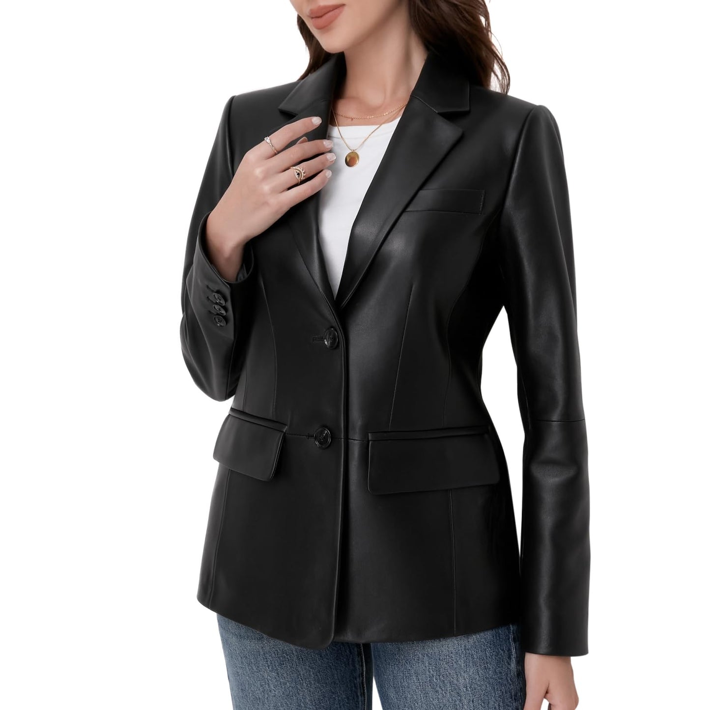 SILVER FASHIONS Lambskin Leather Jacket Women,Long Sleeve Button Front Leather Blazer,Notched Lapel Casual Style,Vent Detail (X-Large,Black)