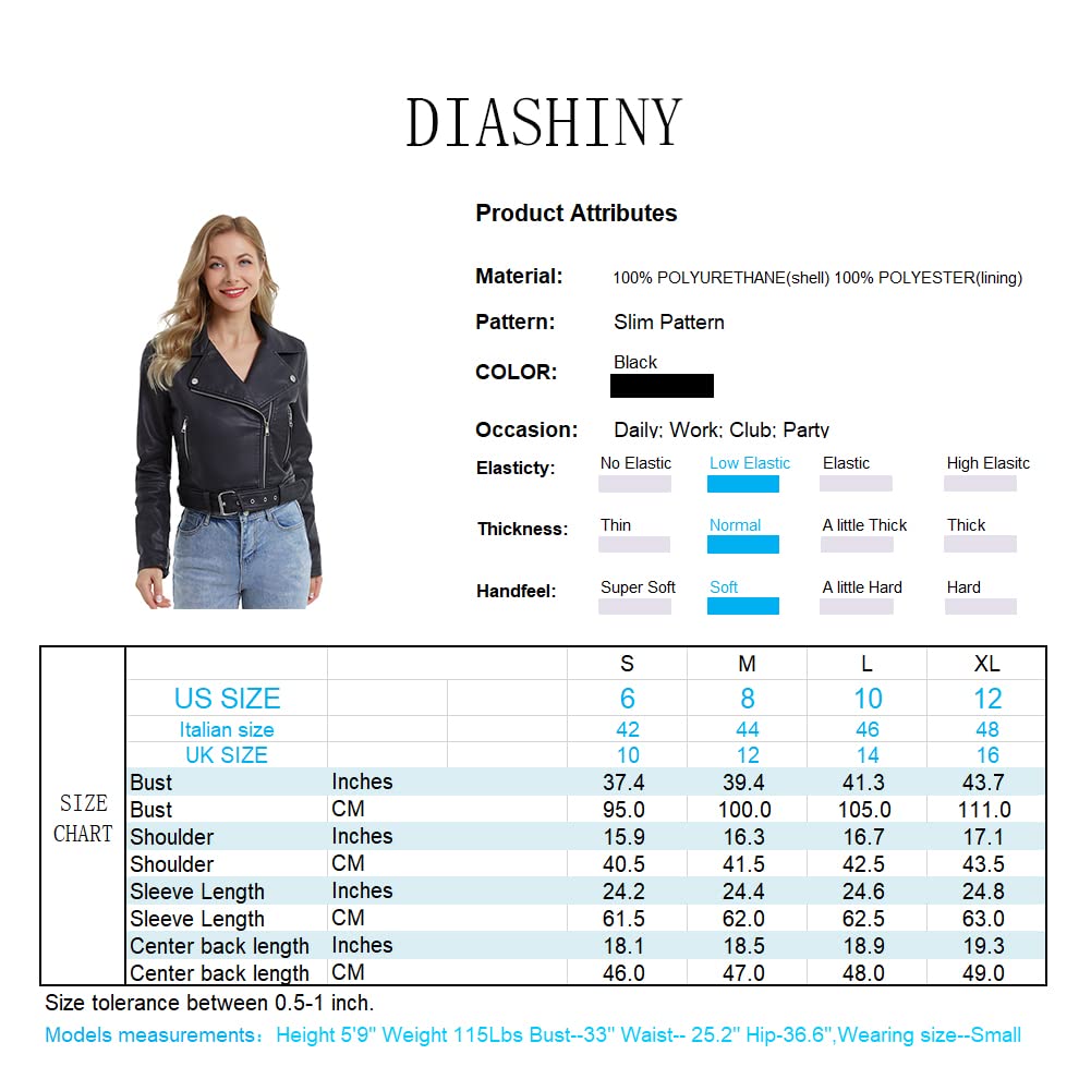 DIASHINY Black Faux Leather Jacket For Women With Belt PU Cropped Moto Biker Coat Motorcycle Crop Short Jacket 036 M