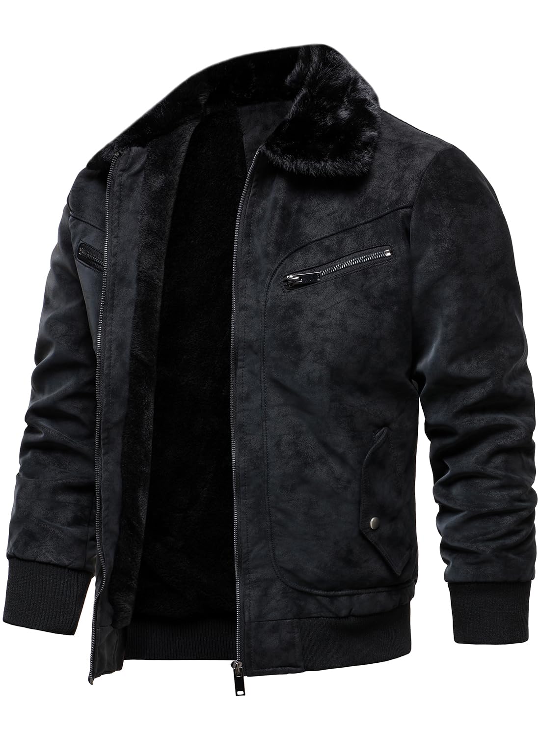 HOOD CREW Men’s Faux Fur Flight Bomber Jacket Vintage Winter Coats Fleece Lined Leather Jackets Black XL