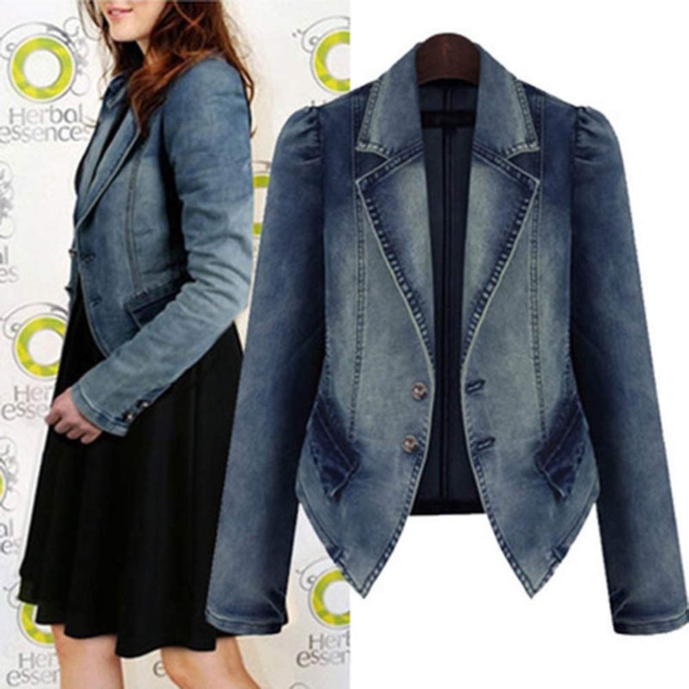 PAODIKUAI Women Long Sleeve Slim Fit Dressy Short Denim Jackets (Blue, Small)