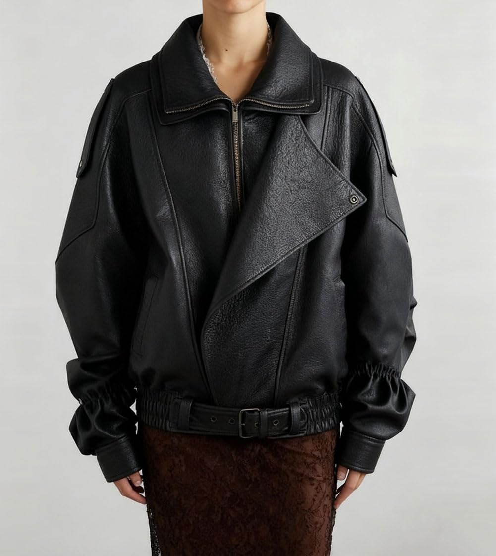 utcoco Women's Oversized Faux Leather Jacket Vintage Large Collar Belted Waist Moto Biker Jacket Casual Outwear (Medium, Black)