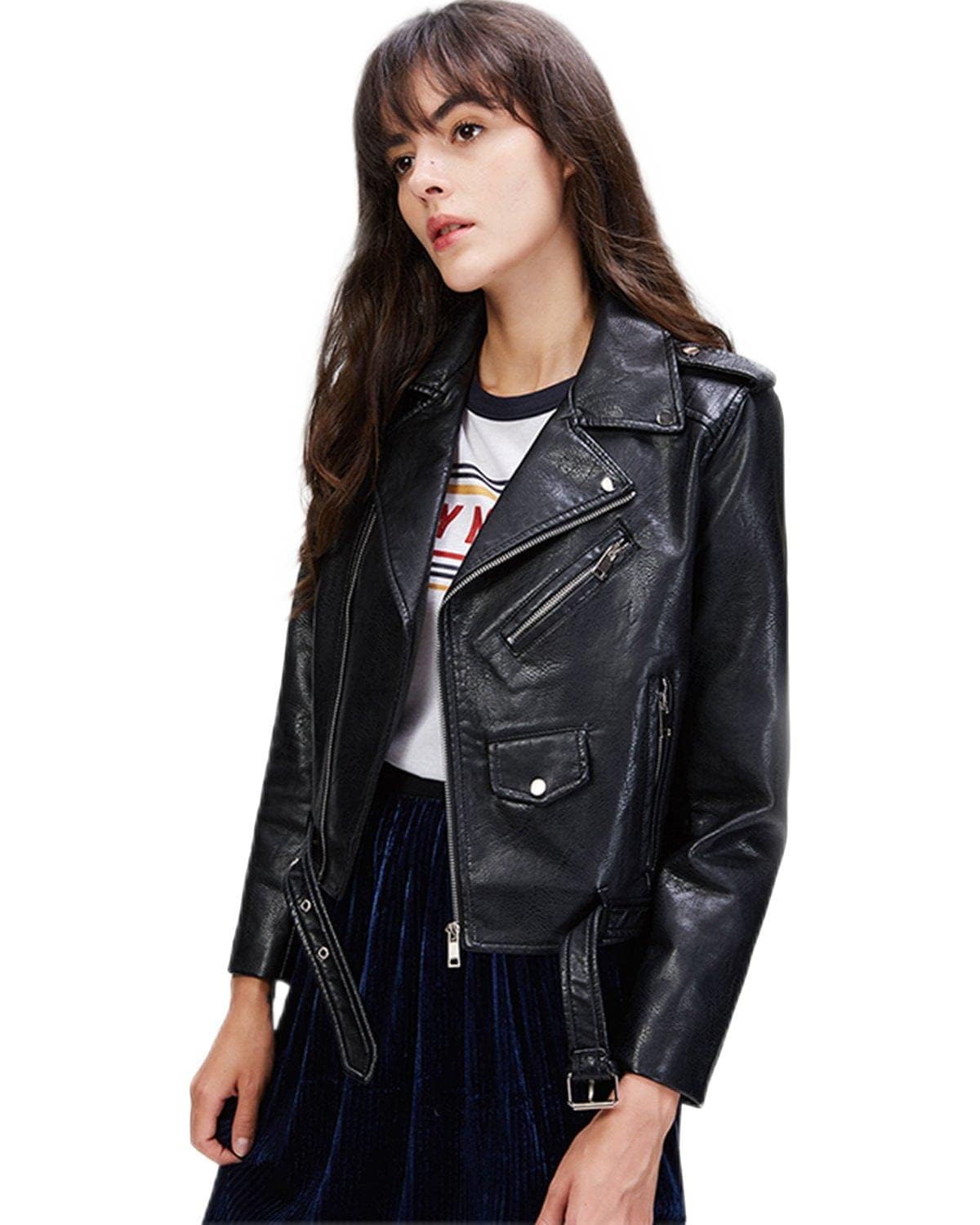 LY VAREY LIN Women's Faux Leather Motorcycle Jacket PU Slim Short Biker Coat (XL, Black)