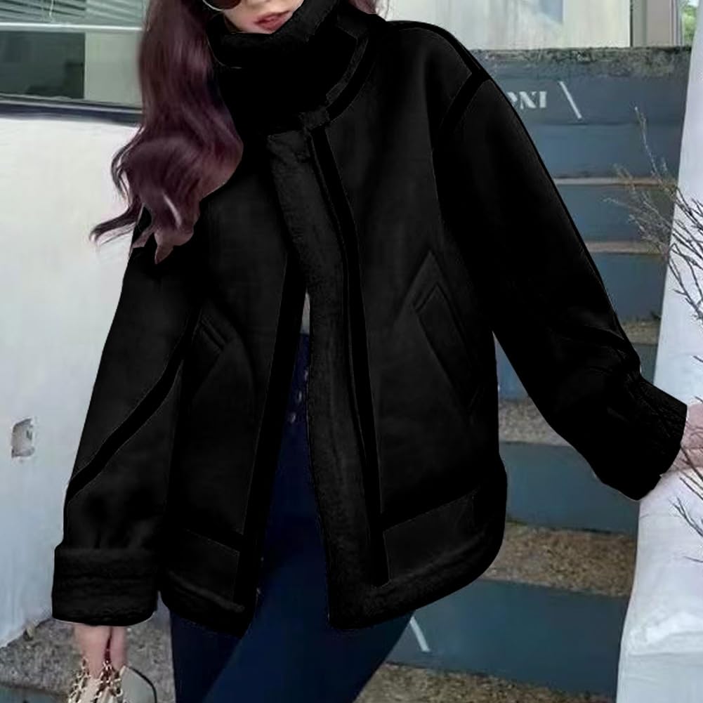 loveimgs Women Oversized Faux Suede Moto Jacket Sherpa Fleece Lined Leather Jacket Aviator Shearling Fur Coat Overcoat (Large, Black)